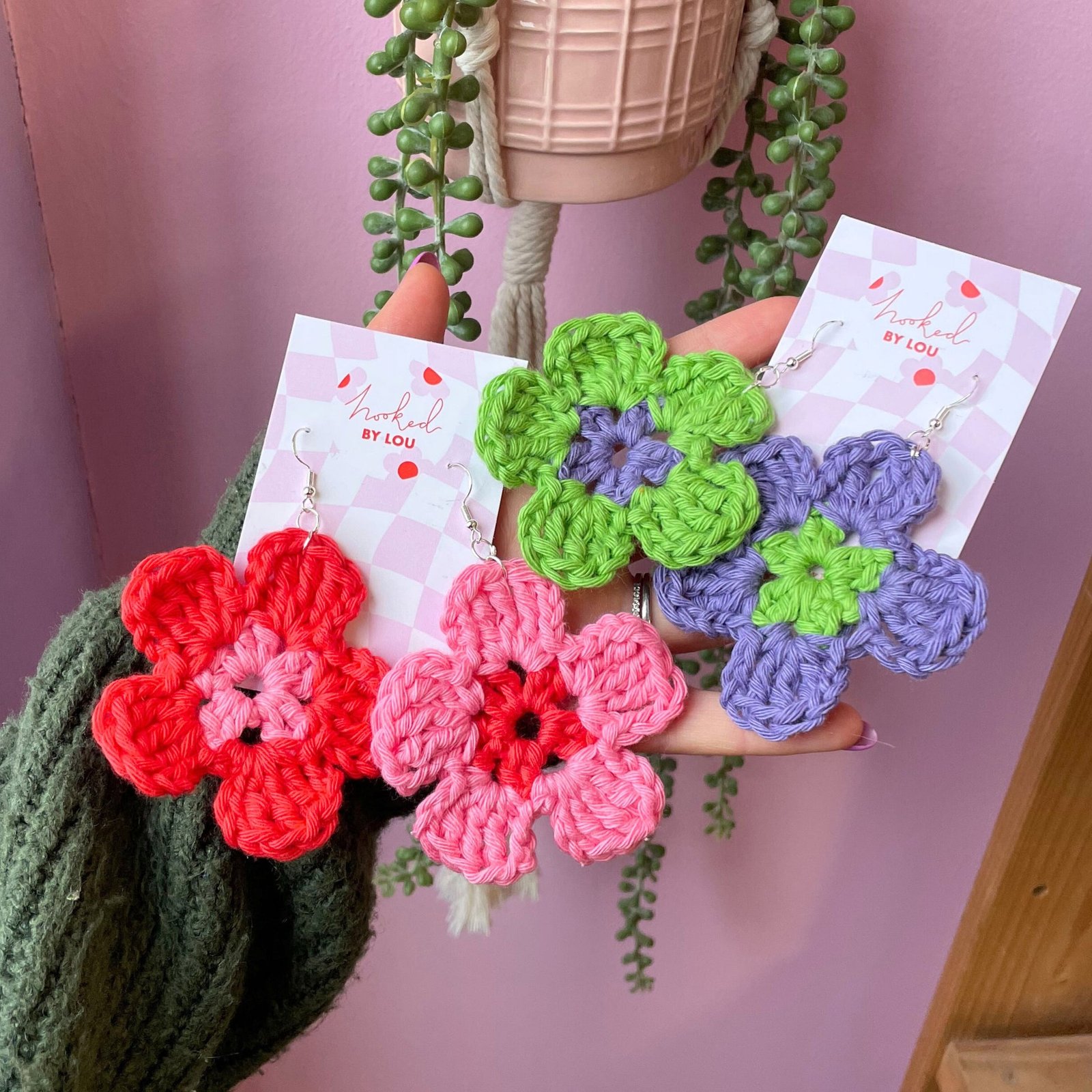 Daisy Flower Earrings - Purple and Green - Image 6