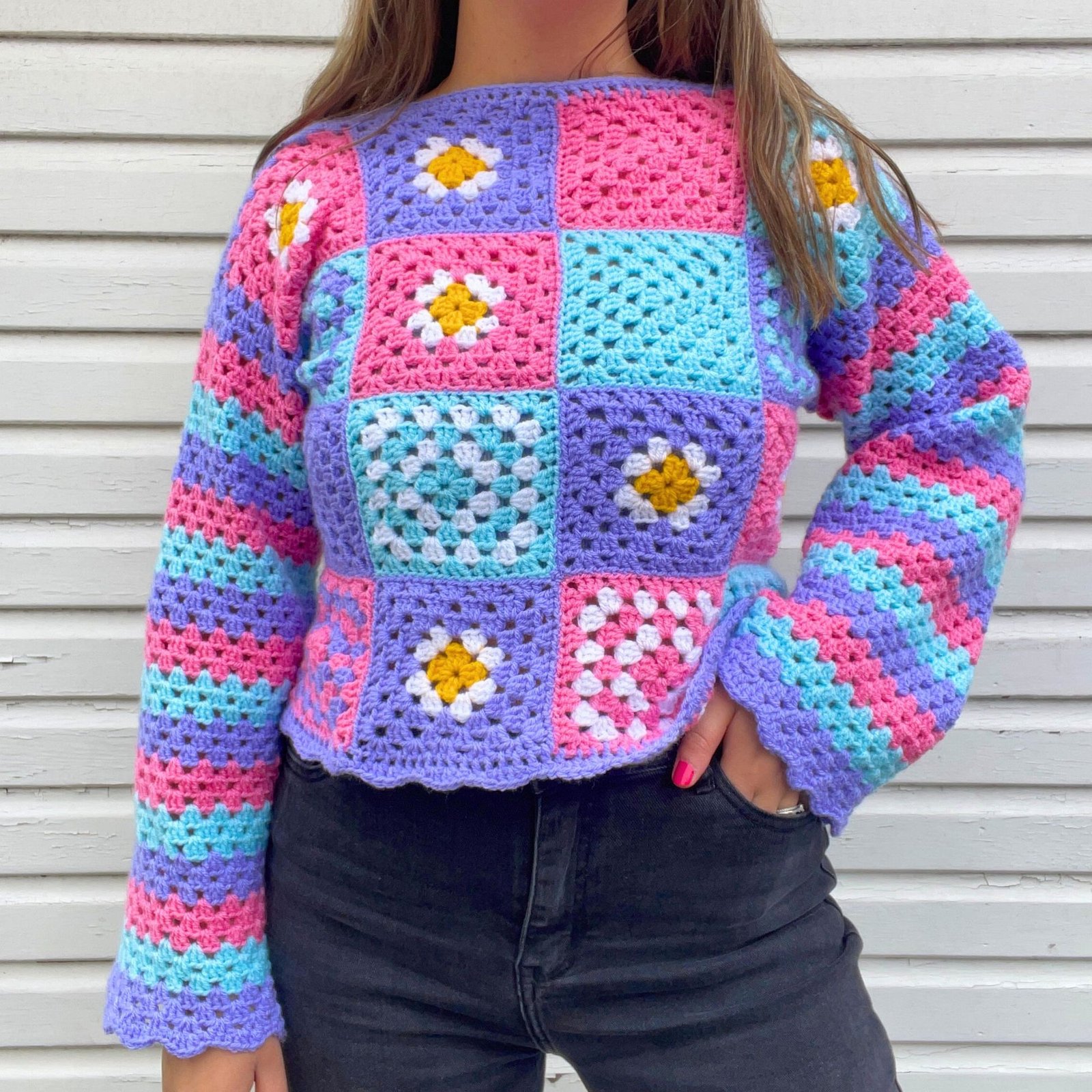 Pastel Patchwork Striped Sleeve Jumper - Size S/M - Image 5