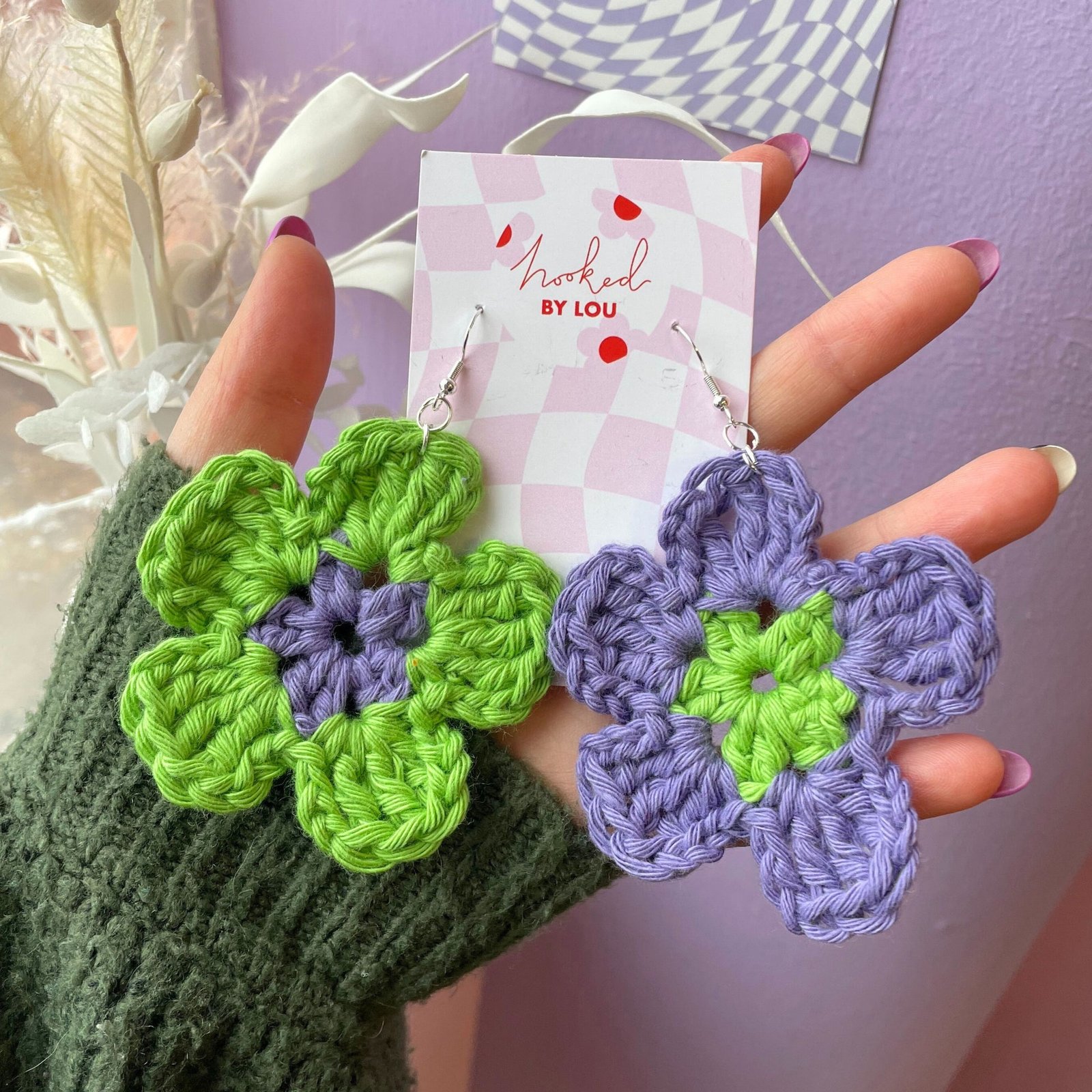 Daisy Flower Earrings - Purple and Green - Image 5