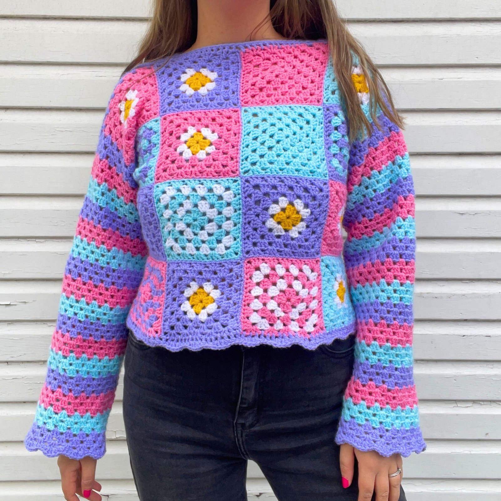 Pastel Patchwork Striped Sleeve Jumper - Size S/M - Image 4