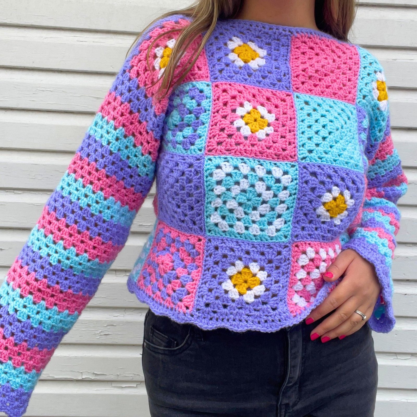 Pastel Patchwork Striped Sleeve Jumper - Size S/M - Image 6