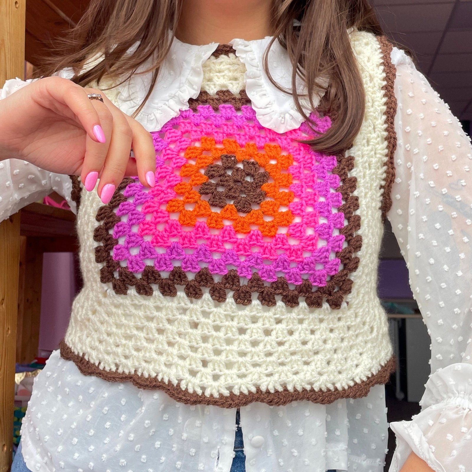 Sunset Cream Granny Square Crochet Vest - Image 4