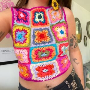 Rainbow Patchwork Crochet Top - M/L