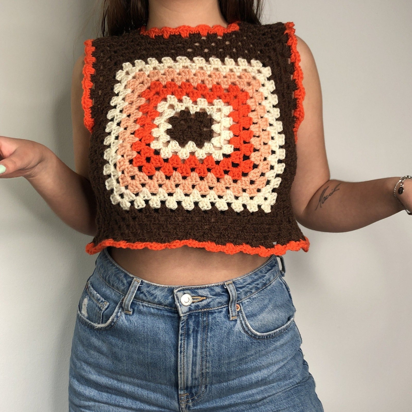 Classic 70s Style Brown Granny Square Crochet Vest - Image 3