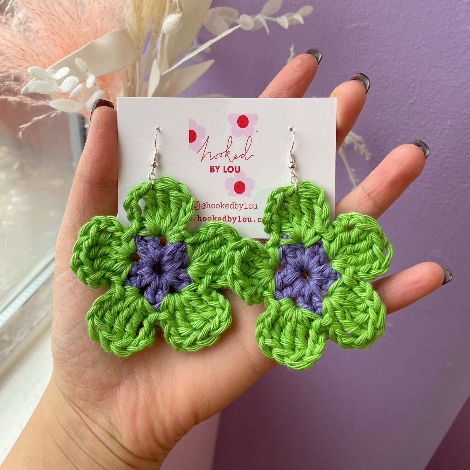 Daisy Flower Earrings - Purple and Green - Image 4