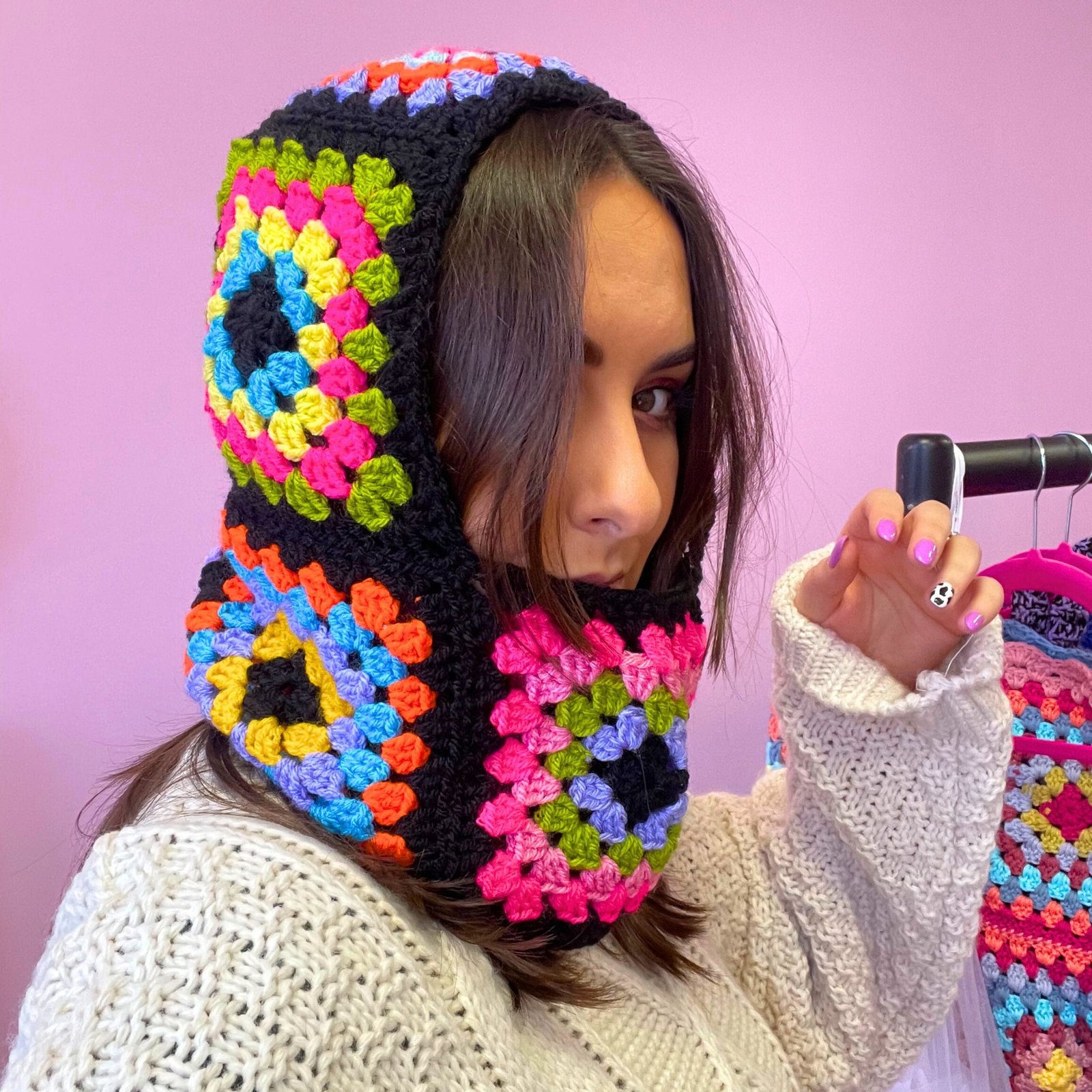 Handmade Black Rainbow Crochet Balaclava - Image 3