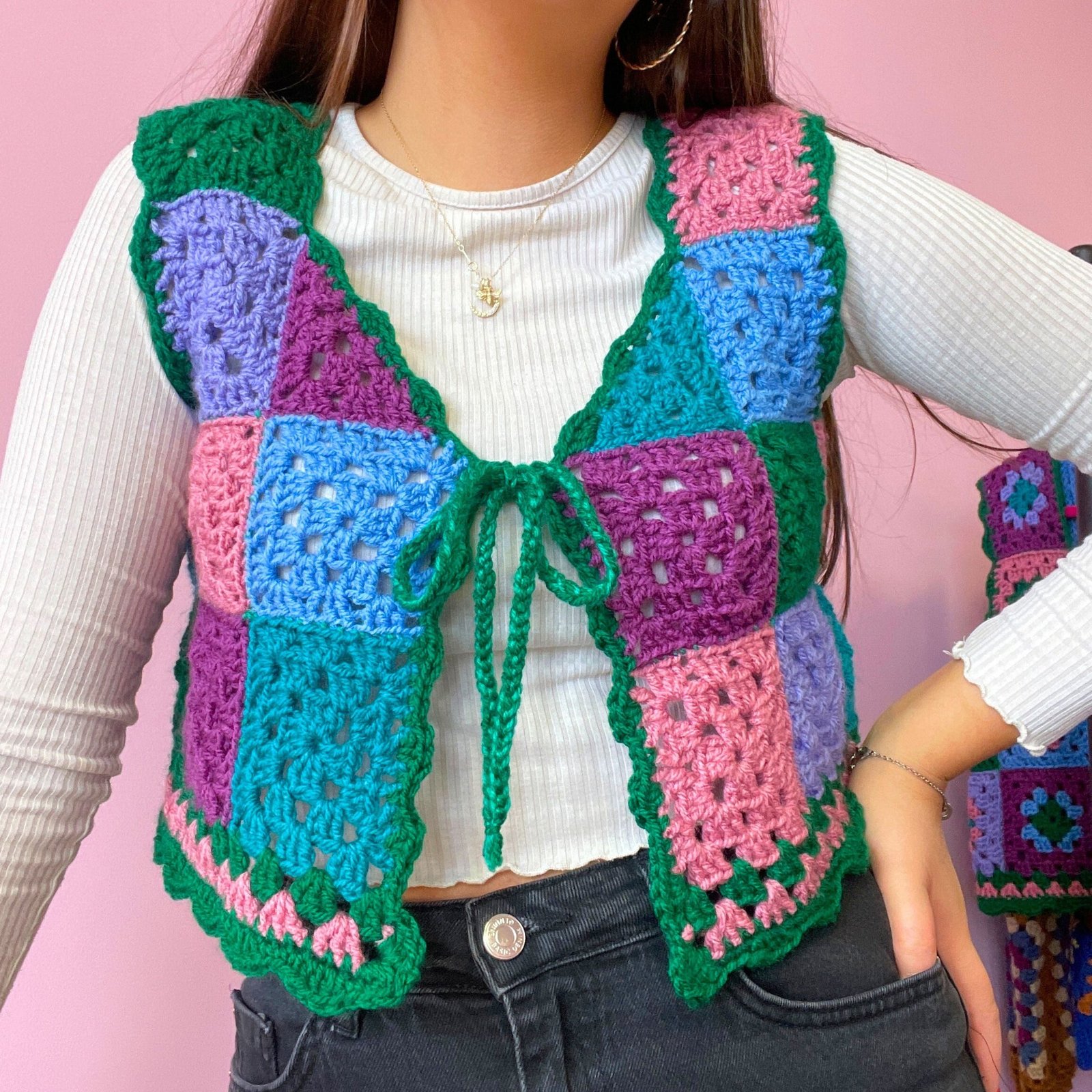 Patchwork Bottle Green Crochet Vest - Size S - Image 3