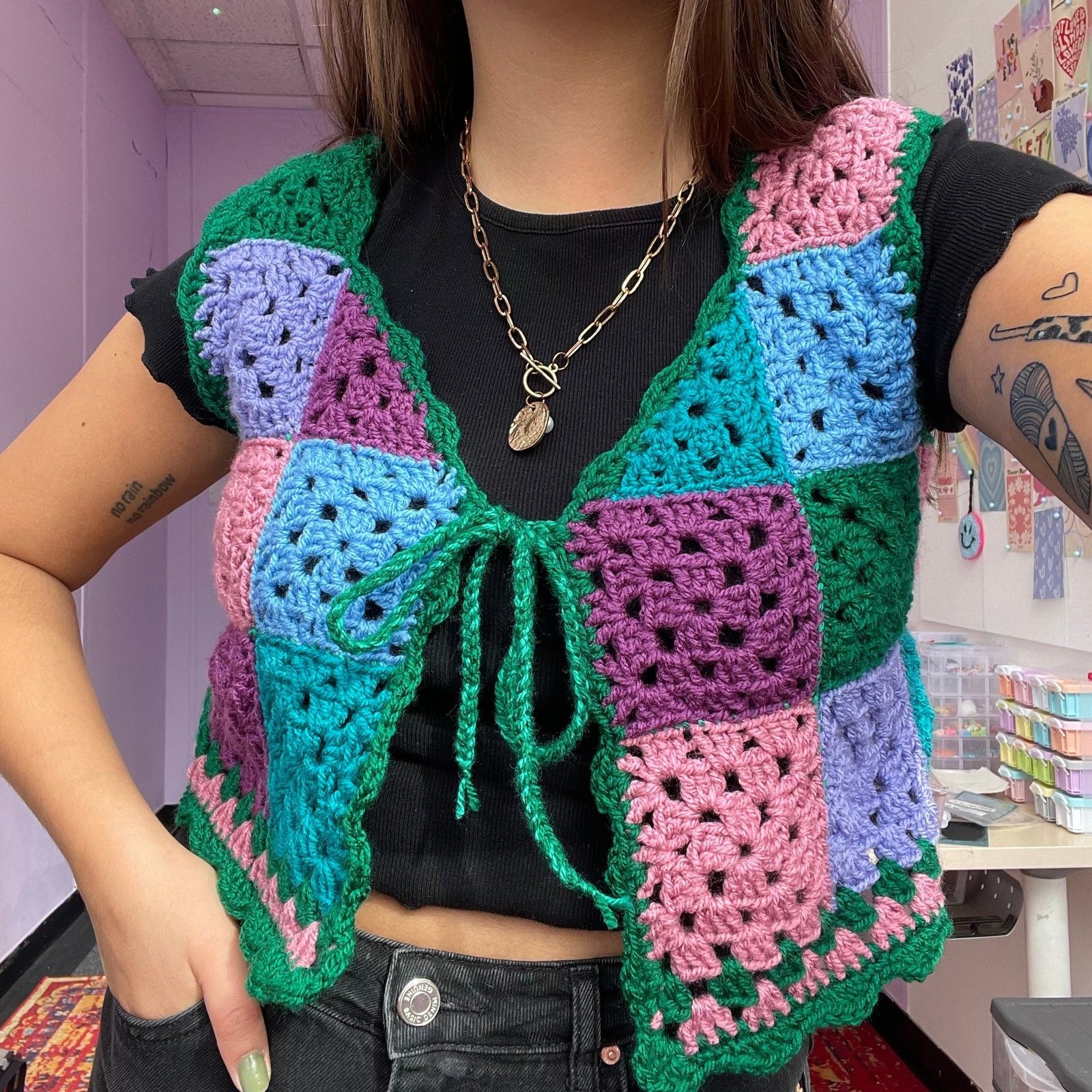 Patchwork Bottle Green Crochet Vest - Size S - Image 4