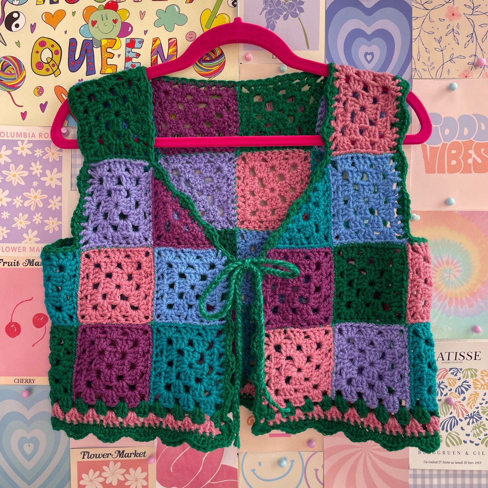Patchwork Bottle Green Crochet Vest - Size S